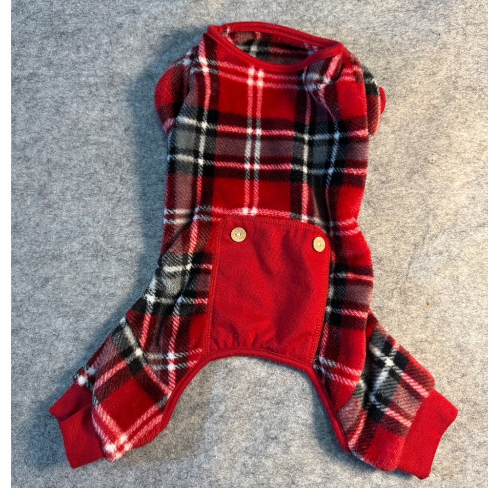 Red Plaid Fleece Dog Pajamas Medium Soft Warm‎ Pet One-Piece Sleepwear PJs